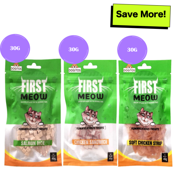 First Meow Salmon Dice, Chicken Sandwich and Soft Chicken Strip Cat Treat Combo For Sale