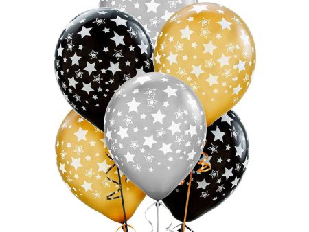 Black Gold & Silver Stars Balloons - 10 Pkt Online now