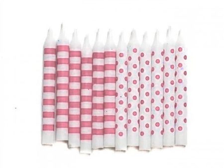 Lovely Pink Dots & Stripes Candles - 12 Pkt For Sale