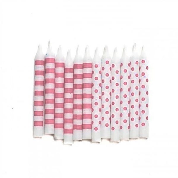 Lovely Pink Dots & Stripes Candles - 12 Pkt For Sale