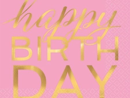 Pink & Gold Happy Birthday Napkins - Lunch 16 Pkt Sale