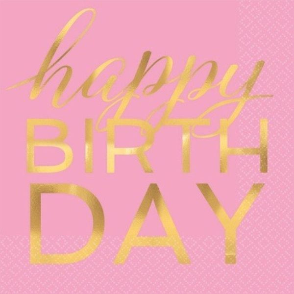 Pink & Gold Happy Birthday Napkins - Lunch 16 Pkt Sale