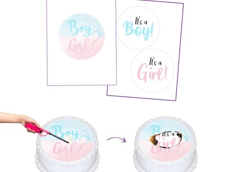 Boy or Girl Gender Reveal Burnaway Edible Cake Image Set Supply